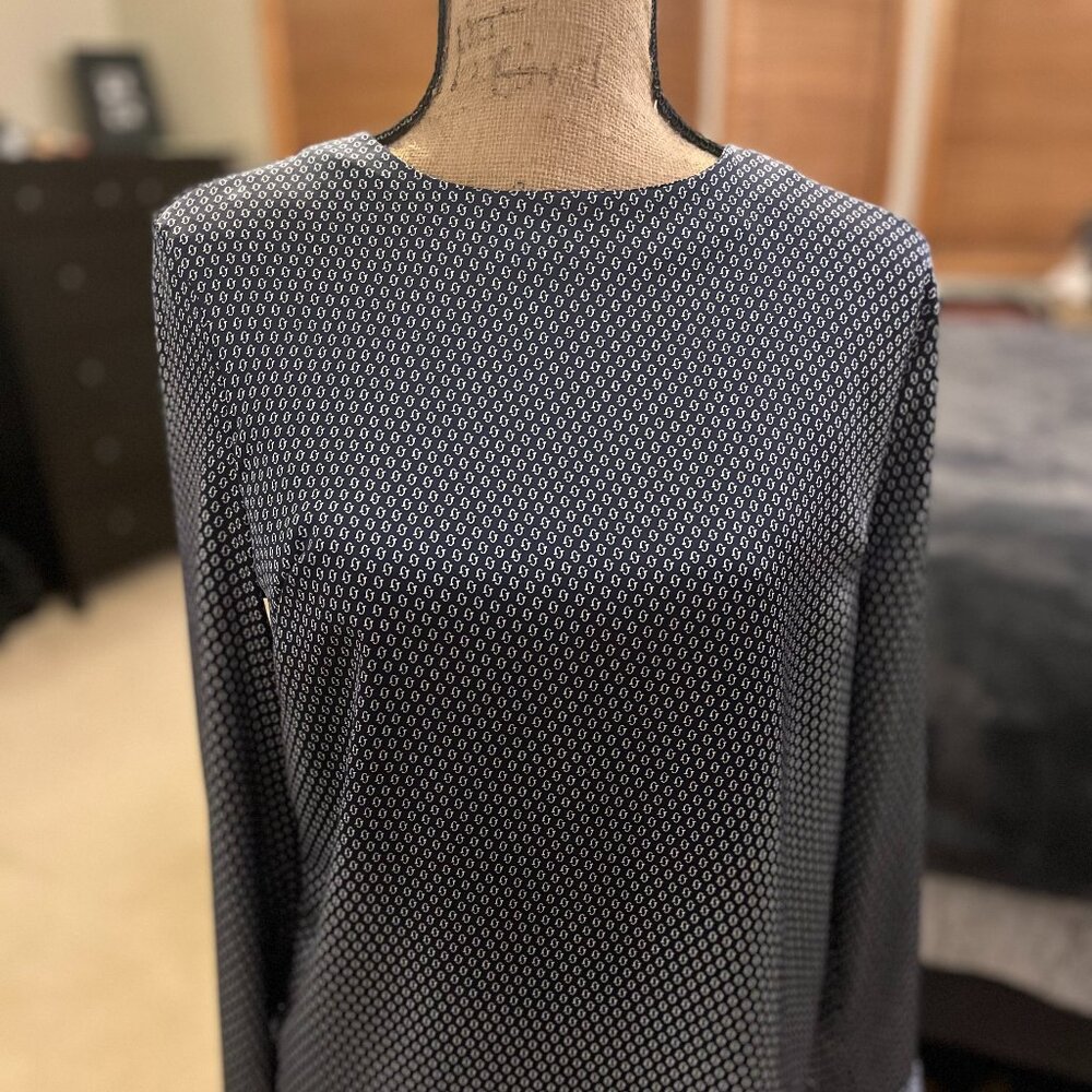 Navy Blue Print Silk Blouse